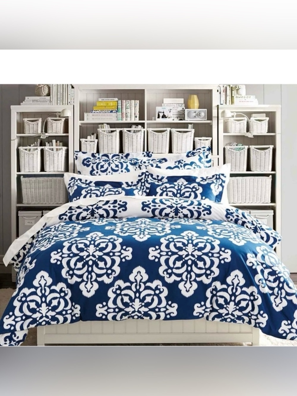 Pottery Barn PB Dorm Navy Blue Ikat Medallion Full Queen Duvet Cover Reversible